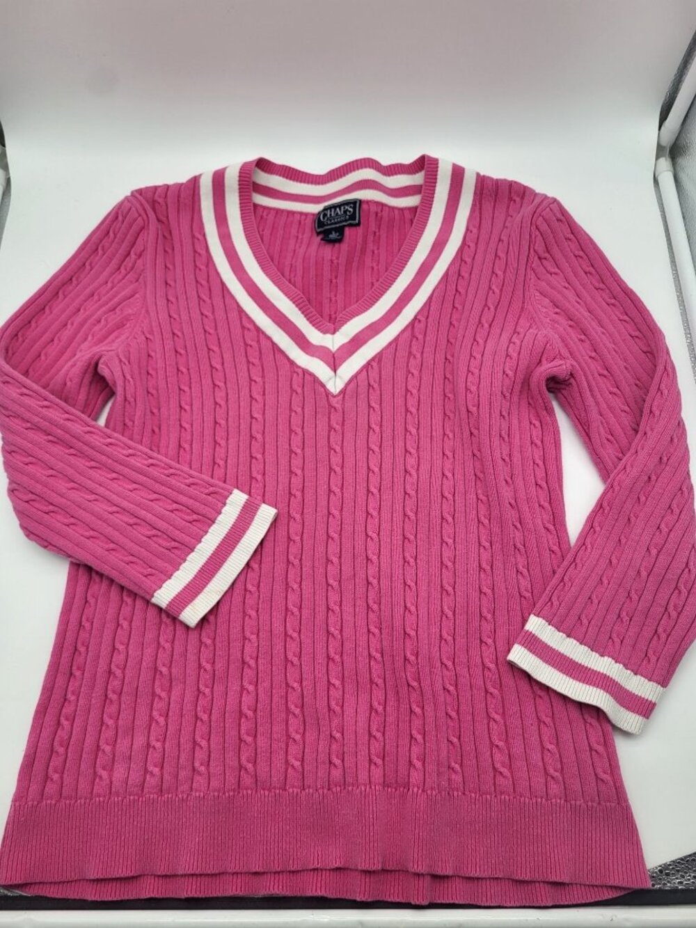 Vintage Chaps Womens LG V-Neck Sweater Pink White Cable Knit Tennis y2k Preppy - Picture 1 of 8
